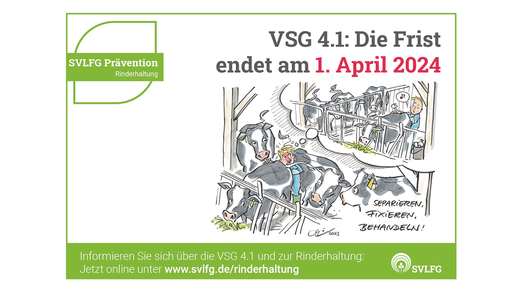 Vergrößerung des Bildes für Comiczeichnung auf einer Postkarte: Landwirt oder Tierarzt untersucht im Rinderstall eine Kuh und steht eingezwängt und gestresst zwischen den Kühen. Er denkt daran, wie entspannt er sein könnte, wenn die Kühe separiert sein würden. Daneben ein Schriftzug: Separieren, Fixieren, Behandeln! Informieren Sie sich über die VSG 4.1 zur Rinderhaltung. Jetzt online unter www.svlfg.de/rinderhaltung..