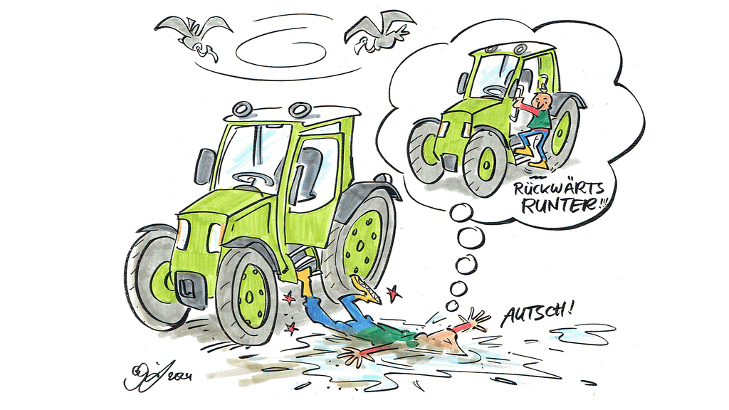 Vergrößerung des Bildes für Comic mit einem Schlepper, von dem eine Figur herabgestürzt ist.  .
