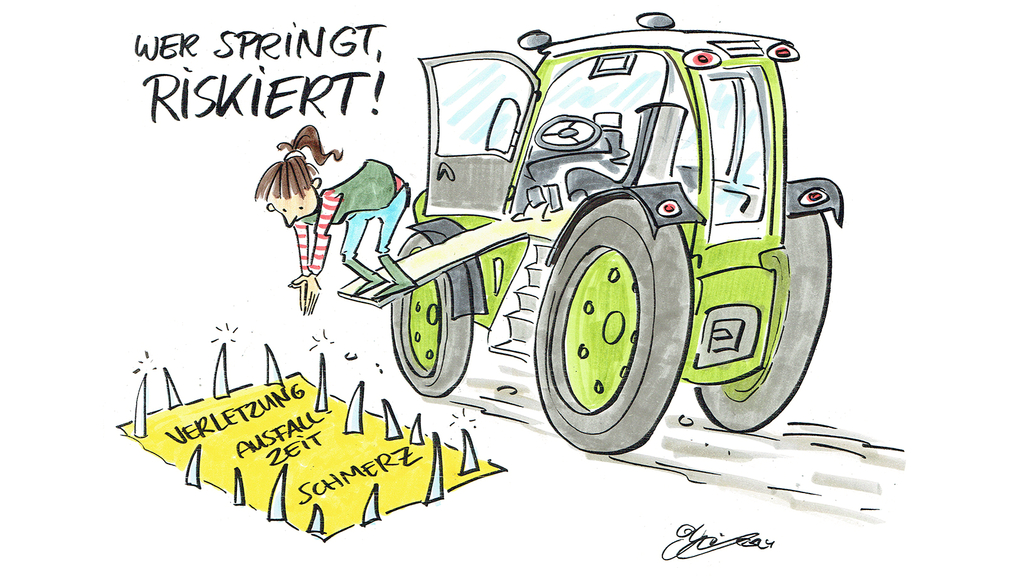 Vergrößerung des Bildes für Comic einer Figur, die vom Schlepper springt. .